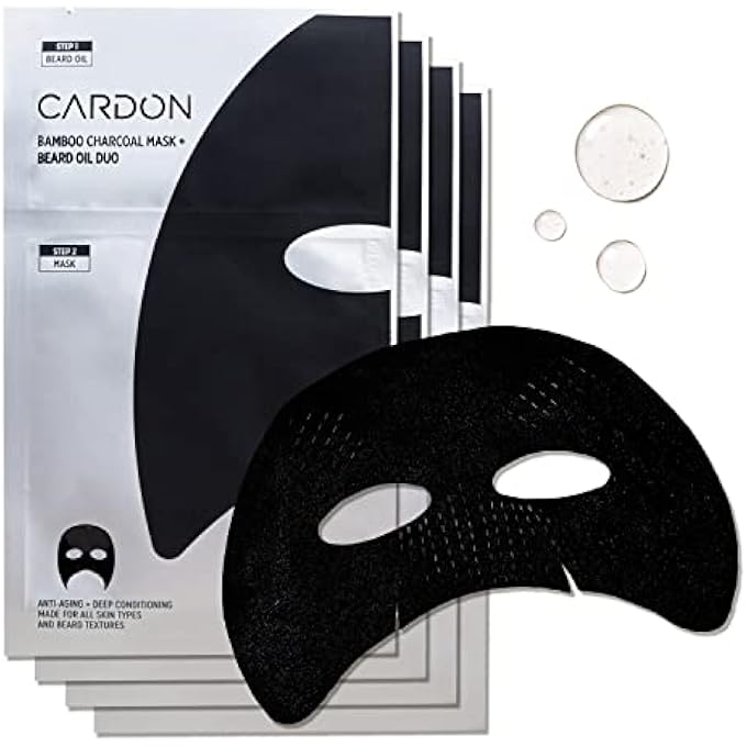 Cardon FACE MASK FOR BEARDED MEN | KOREAN SHEET MASK FOR MEN | BAMBOO CHARCOAL FACIAL MASK AND BEARD OIL | 4-PACK - Image 1